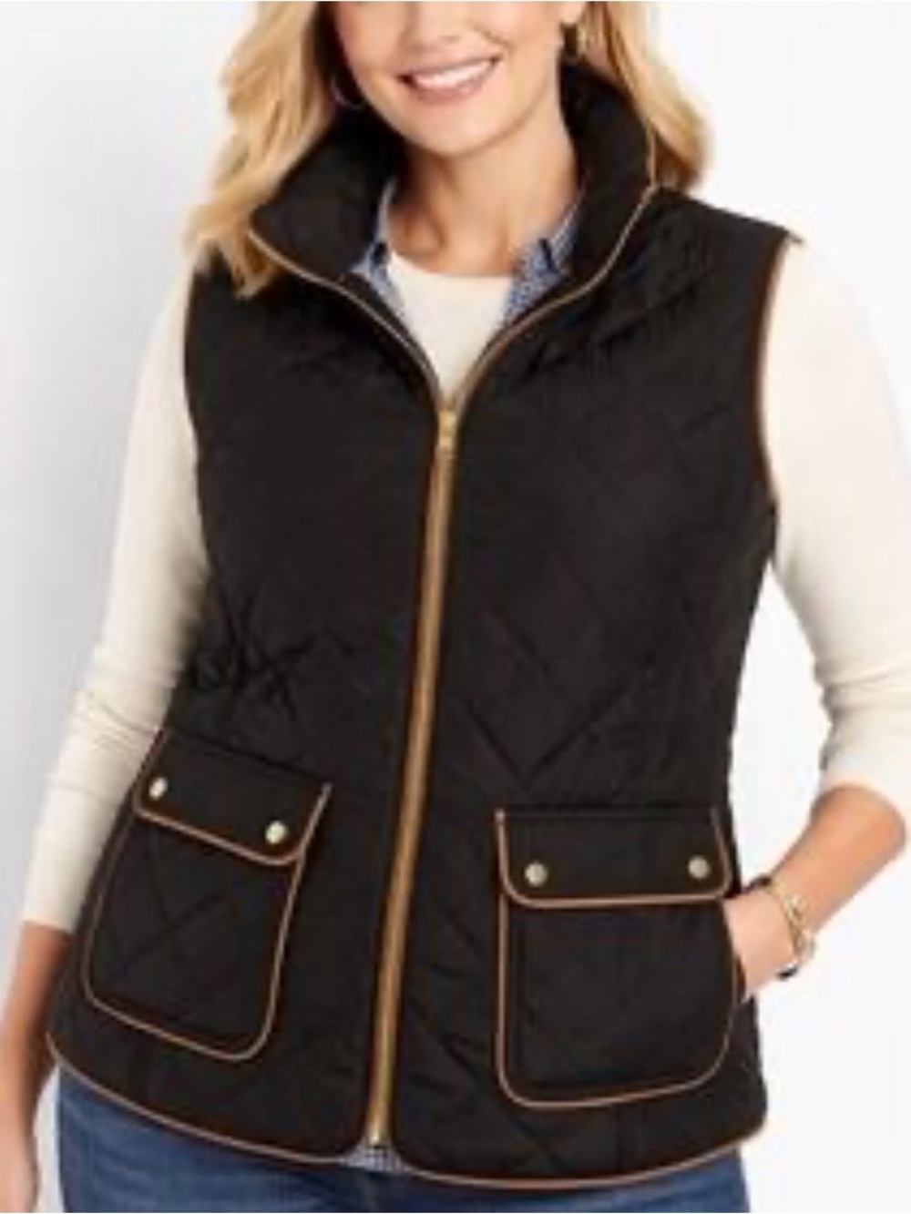 Crown and Ivy black quilted puffer vest brown trim pockets high collar sz M NWT